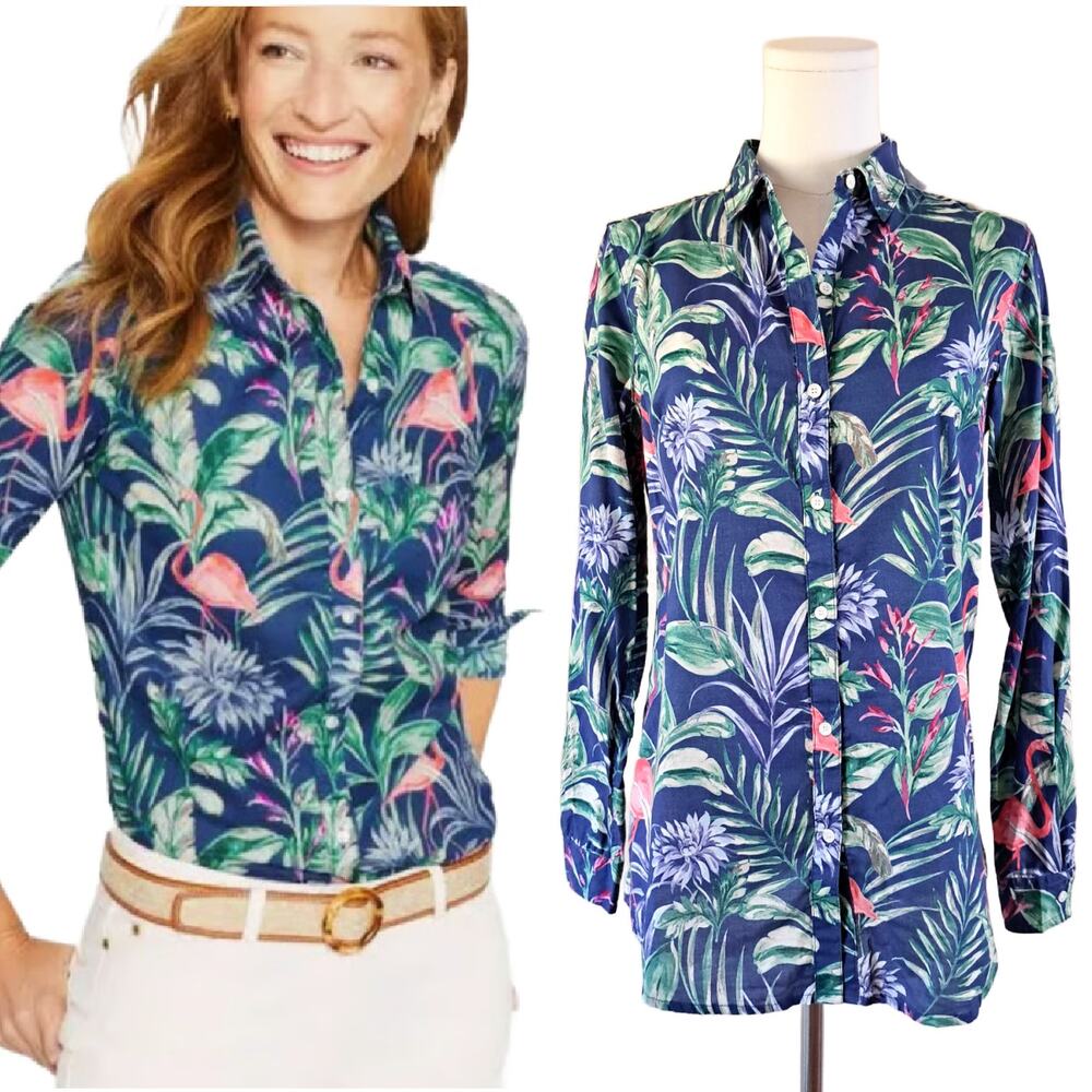 J McLaughlin Lois Button Down Shirt Small In Flamingo Palm Blue Multi Cotton